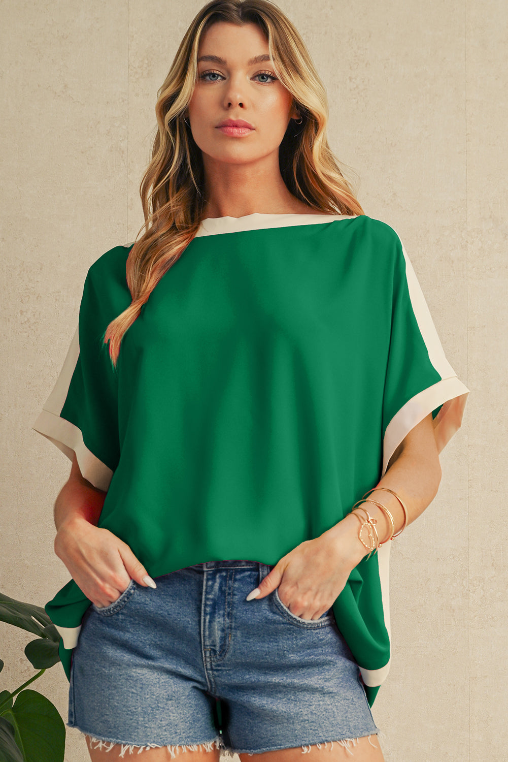 Green Colorblock Batwing Sleeve Boat Neck Blouse