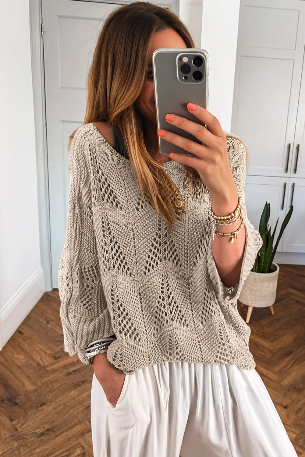 Parchment Hollow Out Knit 7/8 Sleeve Casual Sweater