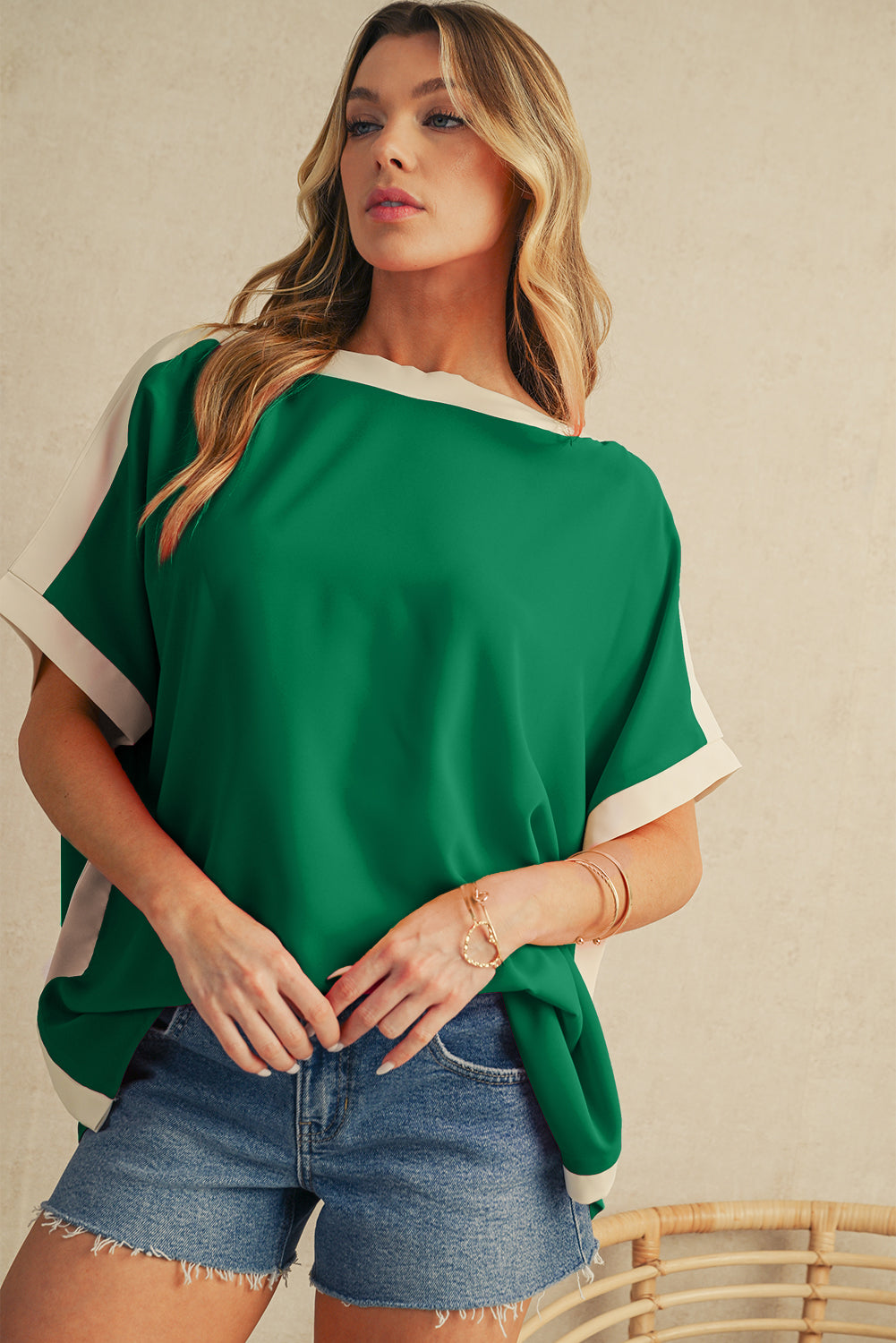 Green Colorblock Batwing Sleeve Boat Neck Blouse