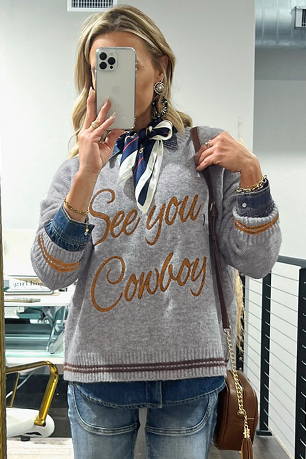 Coffee See You Cowboy Embroidered Western Graphic Sweater