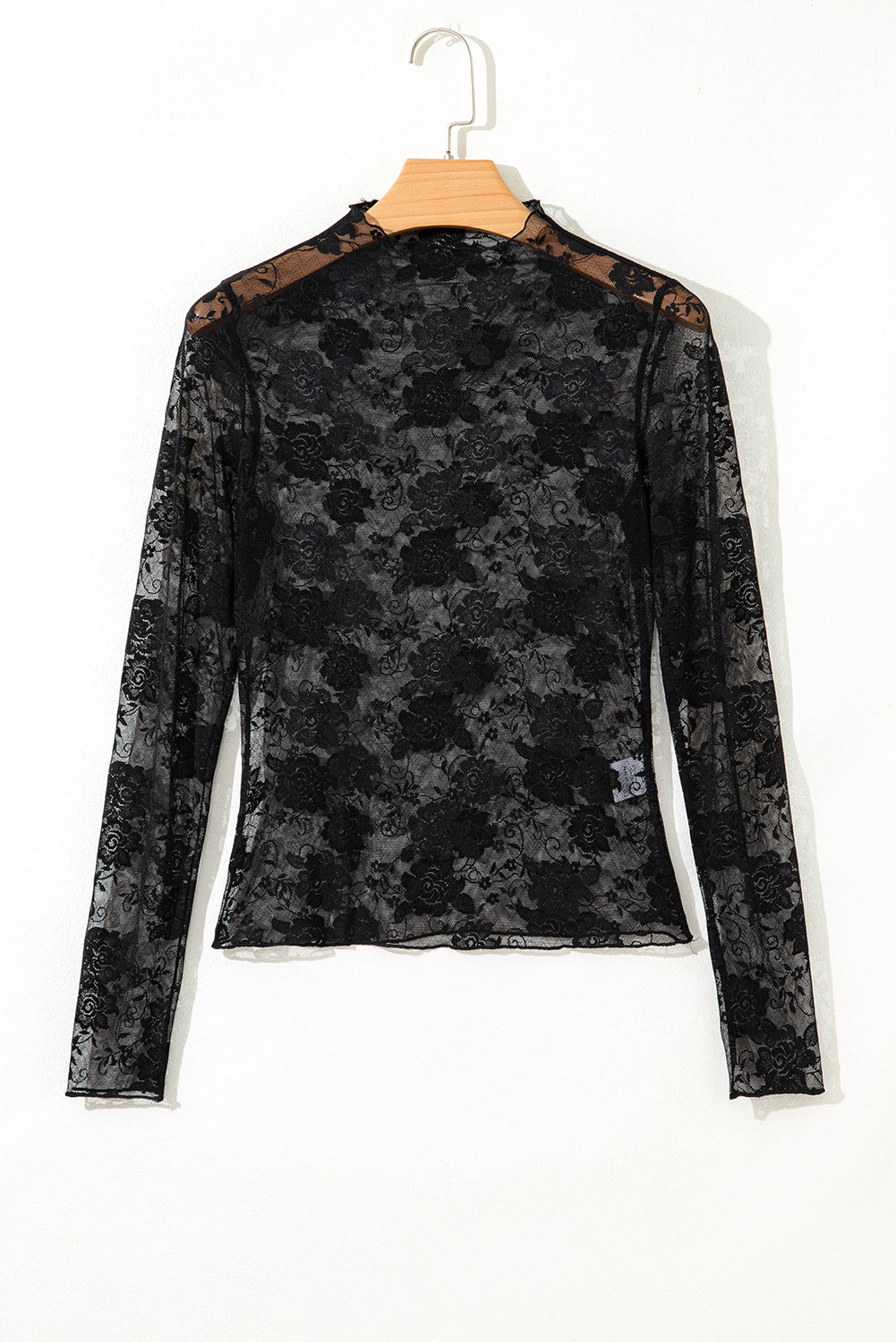 Apricot Pink Sheer Floral Lace Mesh Mock Neck Long Sleeve Top