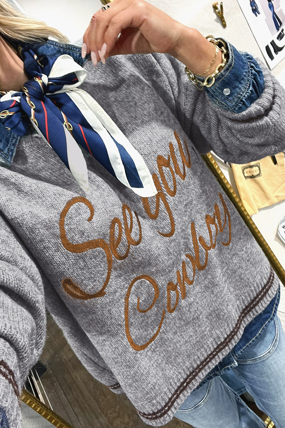 Coffee See You Cowboy Embroidered Western Graphic Sweater