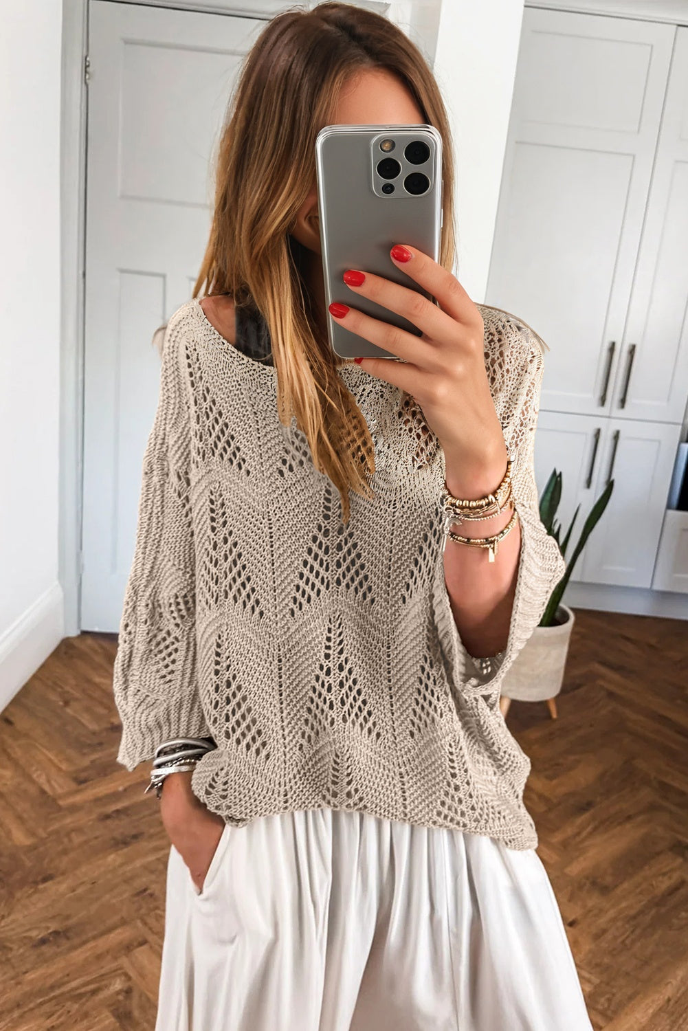 Parchment Hollow Out Knit 7/8 Sleeve Casual Sweater