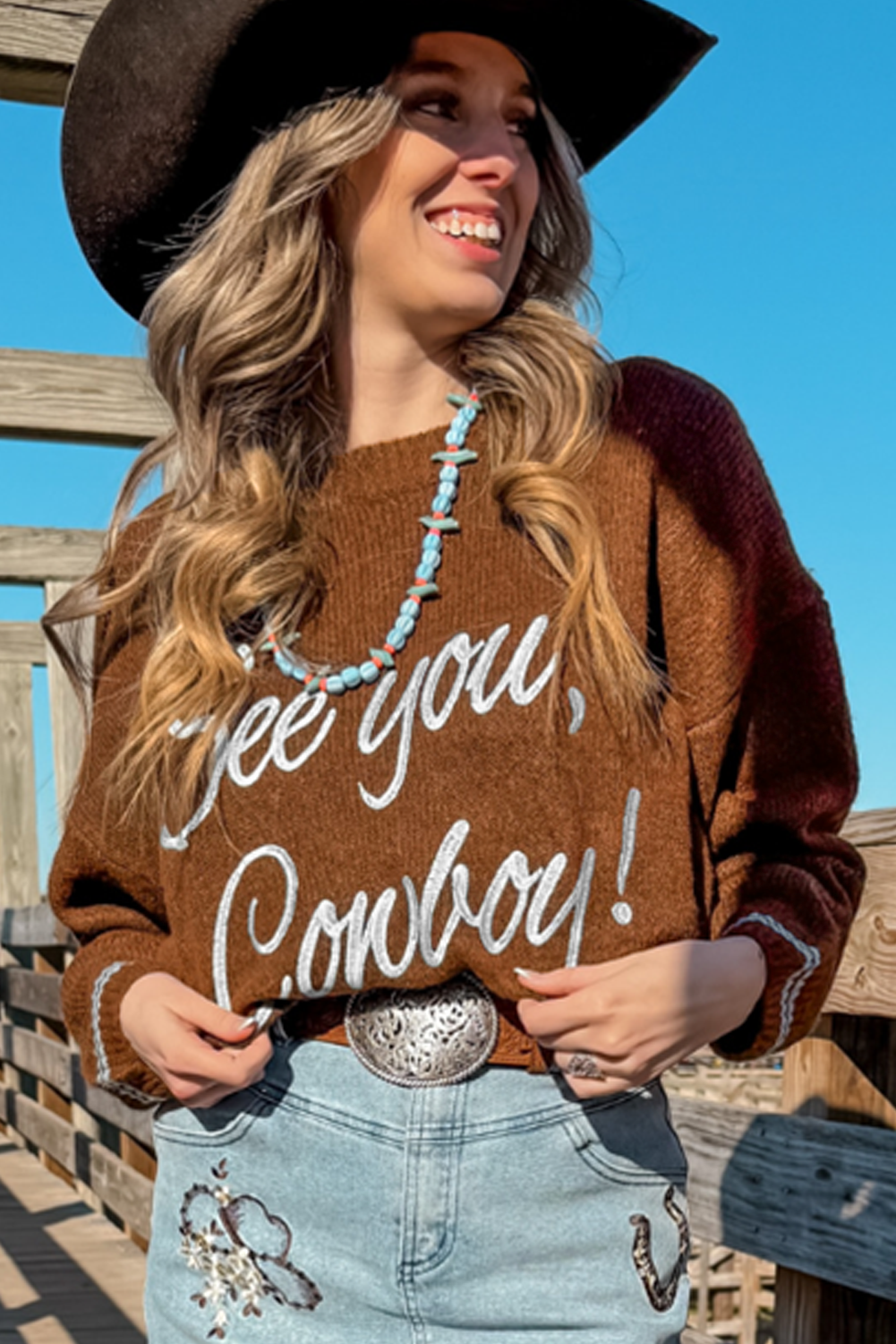 Coffee See You Cowboy Embroidered Western Graphic Sweater