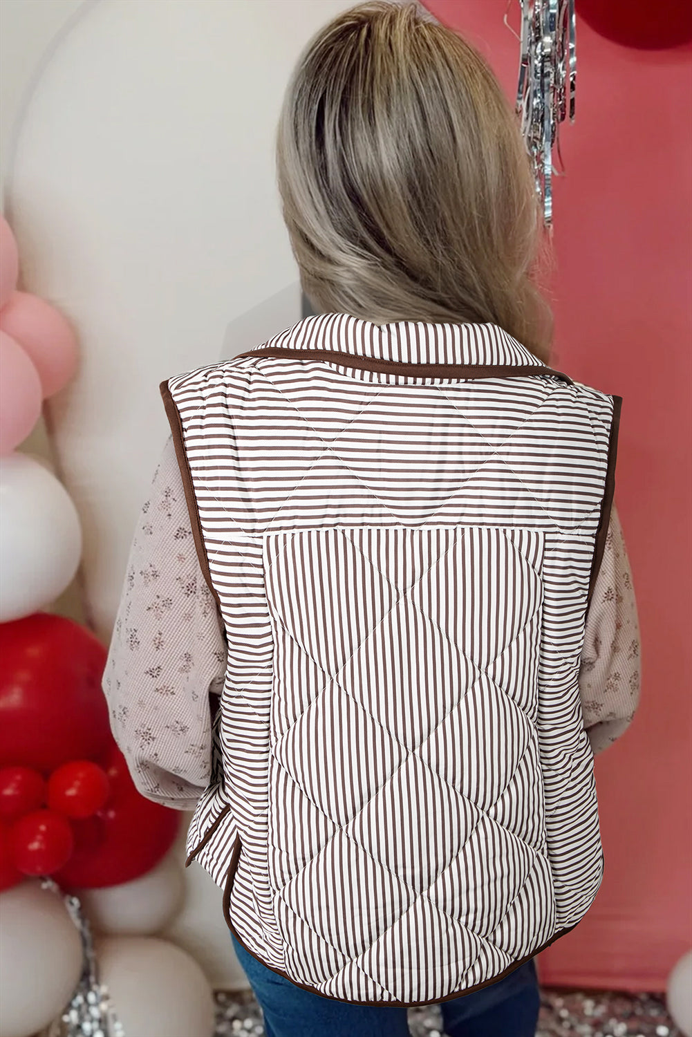 Brown Stripe Snap Button Scalloped Hem Collared Winter Vest