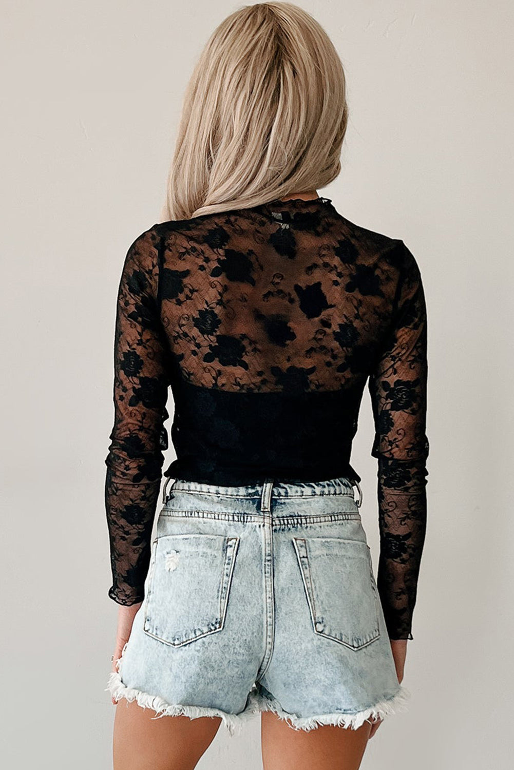 Apricot Pink Sheer Floral Lace Mesh Mock Neck Long Sleeve Top