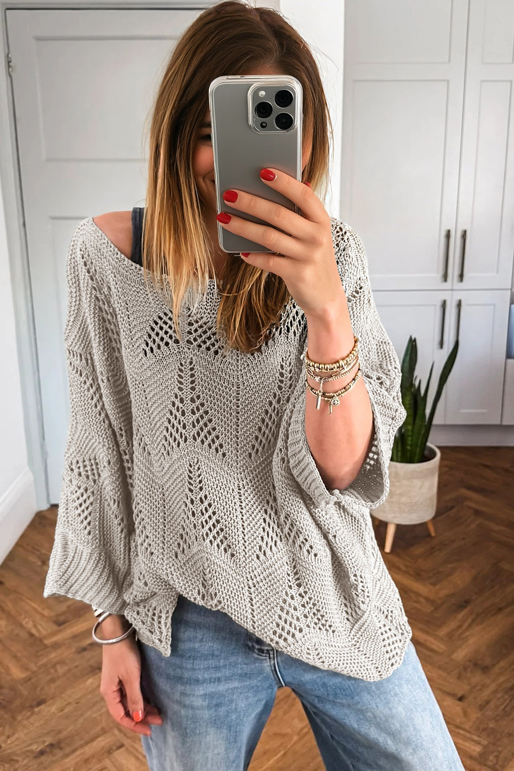 Parchment Hollow Out Knit 7/8 Sleeve Casual Sweater