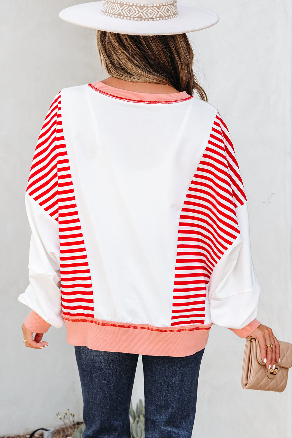 White Stripe Colorblock Patchwork Contrast Stitching Oversize Sweatshirt