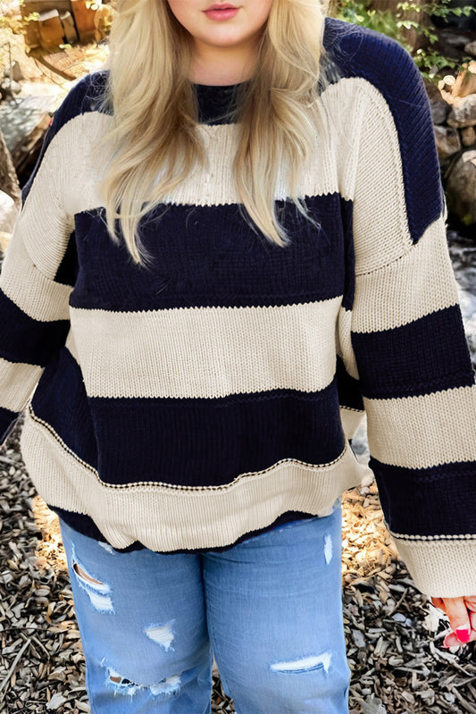 Blue Stripe Color Block PLus Size Drop Shoulder Sweater