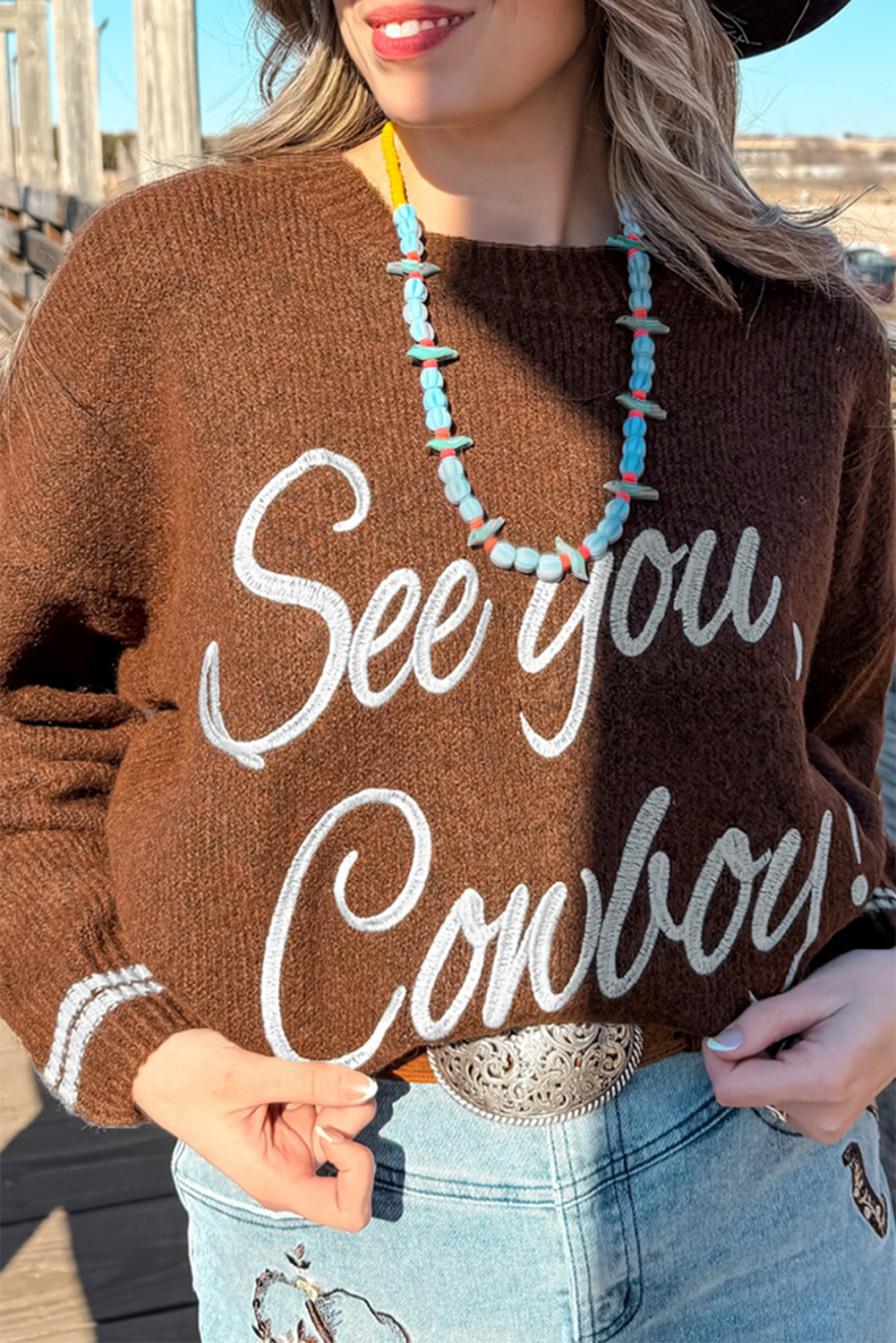 Coffee See You Cowboy Embroidered Western Graphic Sweater