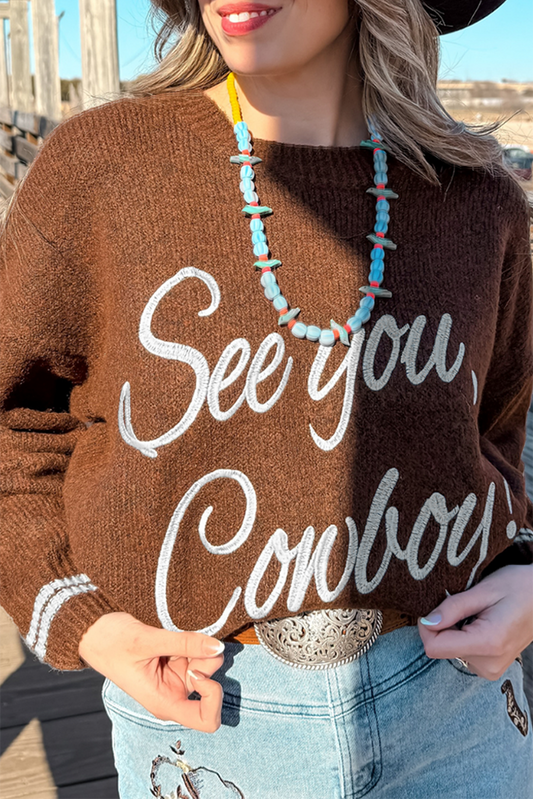 Coffee See You Cowboy Embroidered Western Graphic Sweater