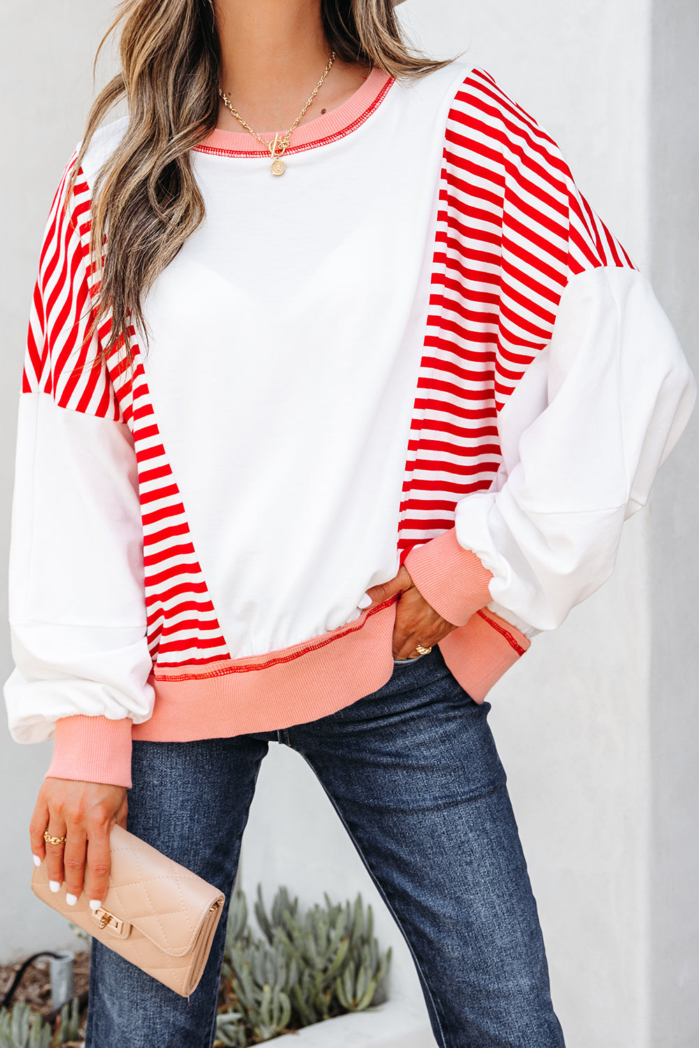 White Stripe Colorblock Patchwork Contrast Stitching Oversize Sweatshirt