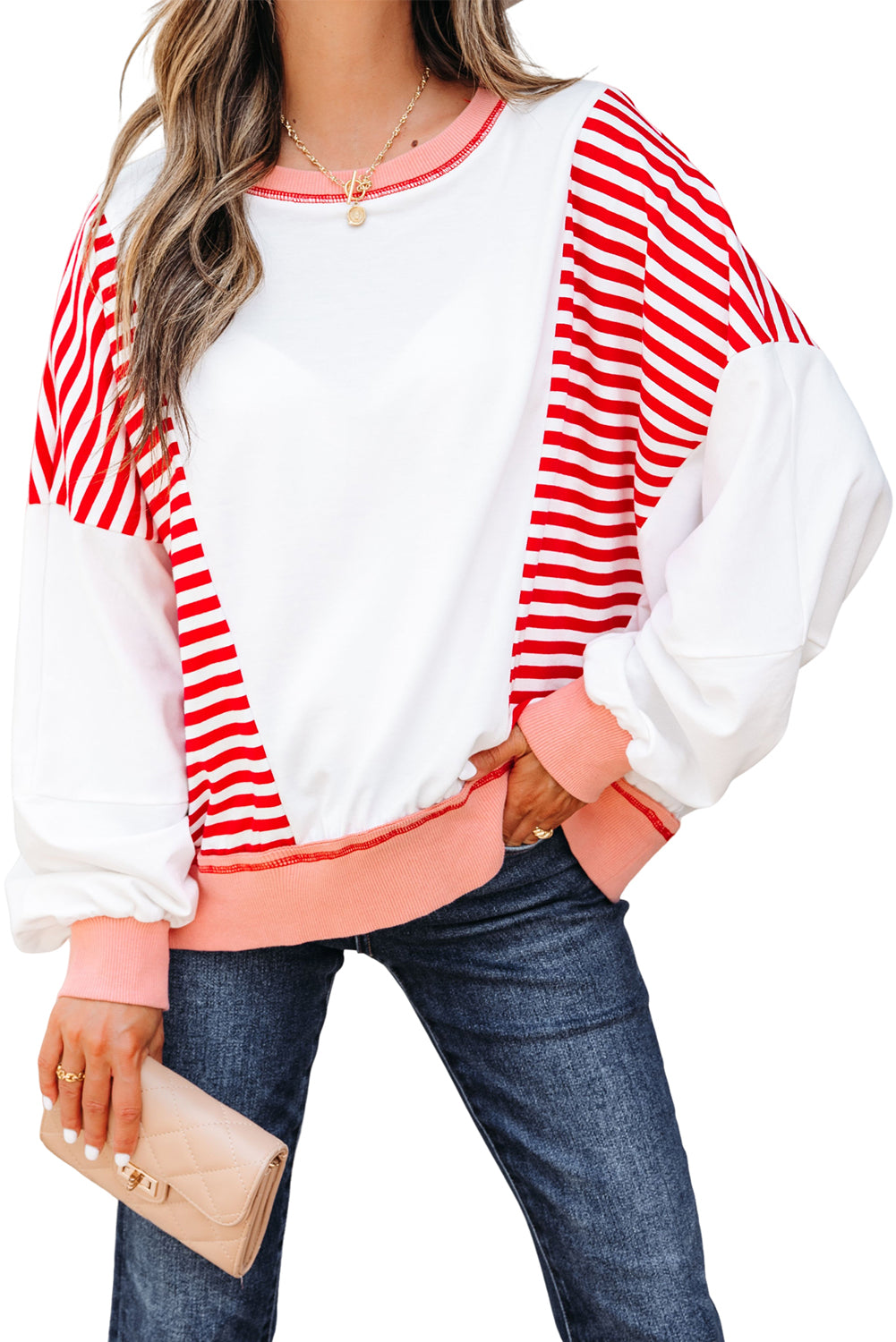 White Stripe Colorblock Patchwork Contrast Stitching Oversize Sweatshirt