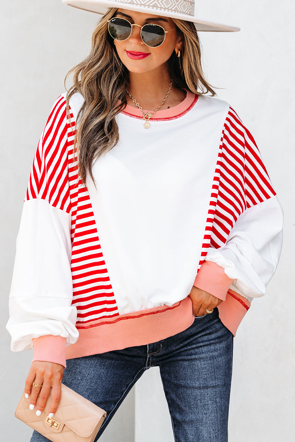 White Stripe Colorblock Patchwork Contrast Stitching Oversize Sweatshirt