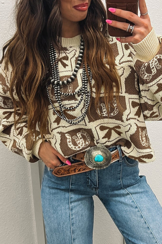 Brown Bows & Horseshoes Pattern Western Fashion Print Sweater