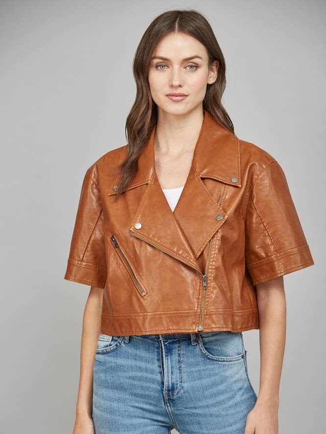 FAUX LEATHER JACKET/BROWN