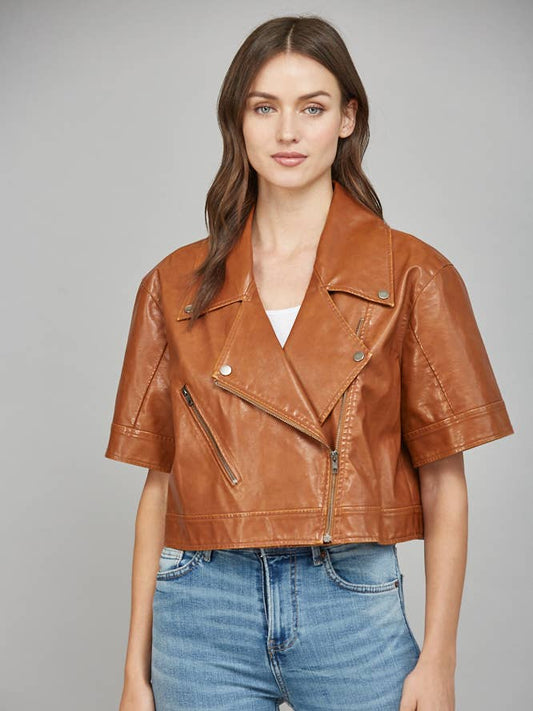 FAUX LEATHER JACKET/BROWN
