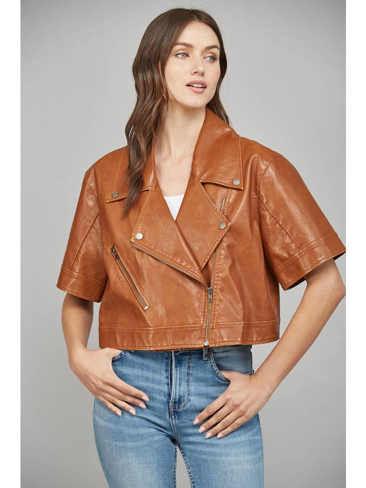 FAUX LEATHER JACKET/BROWN