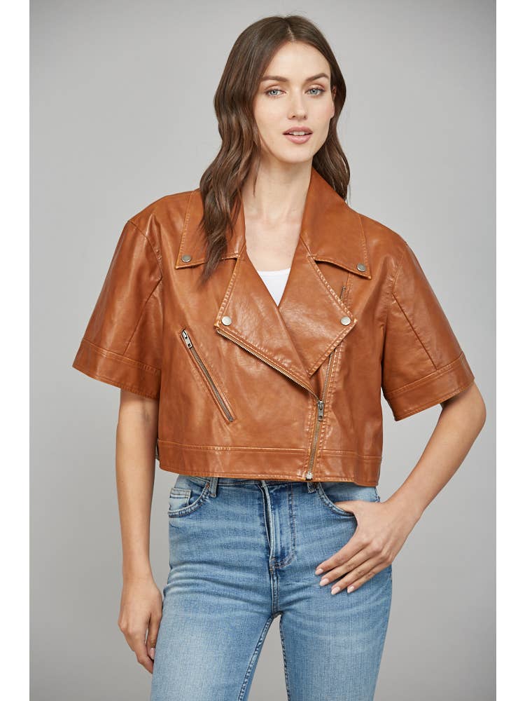 FAUX LEATHER JACKET/BROWN