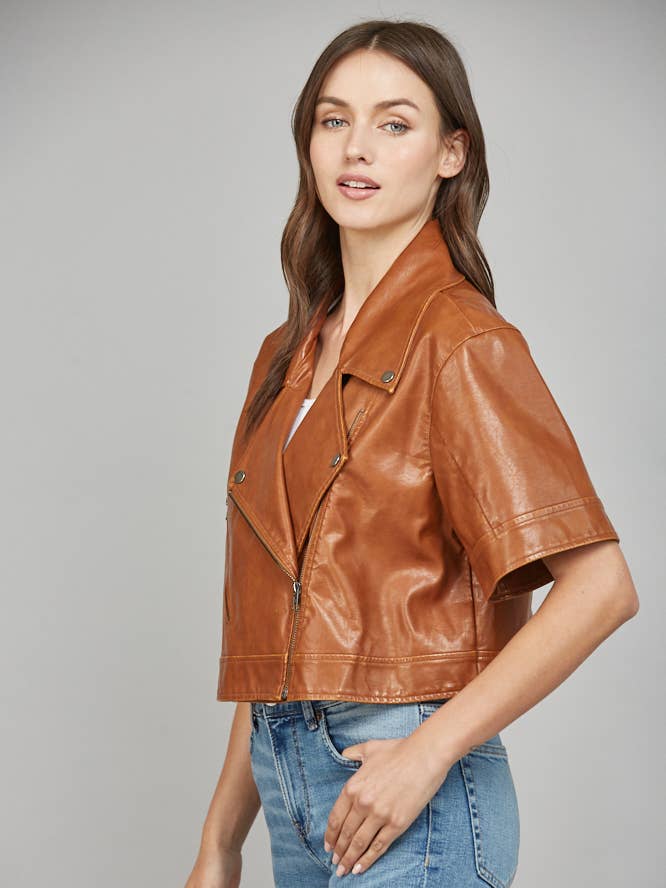 FAUX LEATHER JACKET/BROWN