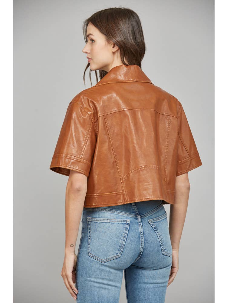 FAUX LEATHER JACKET/BROWN