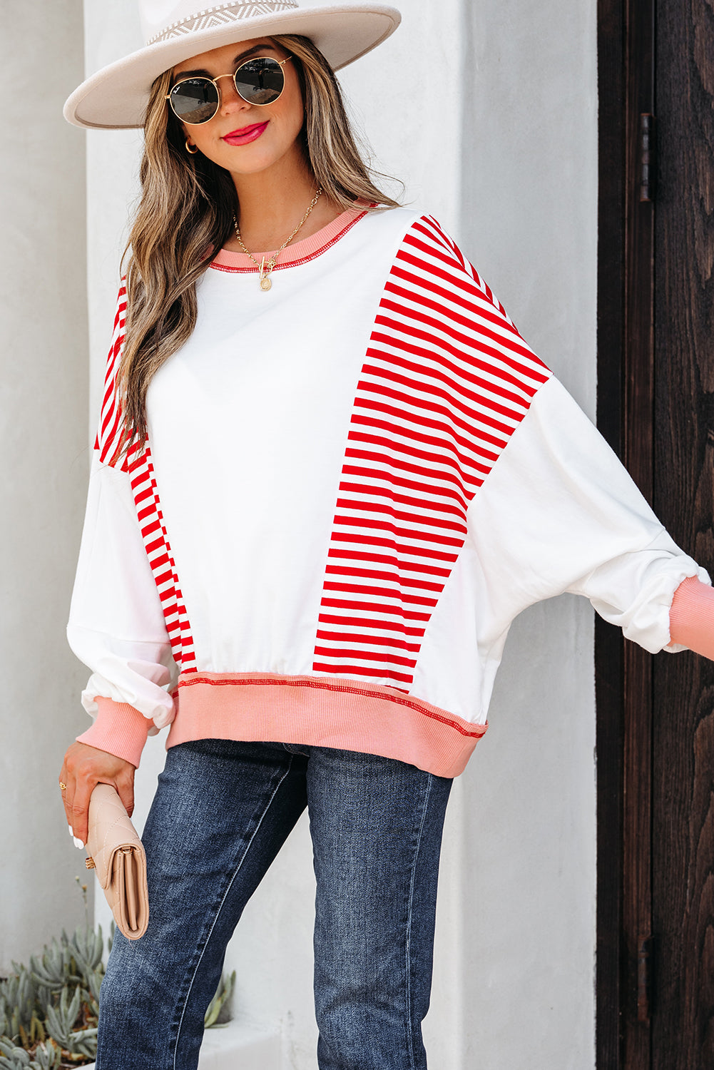 White Stripe Colorblock Patchwork Contrast Stitching Oversize Sweatshirt