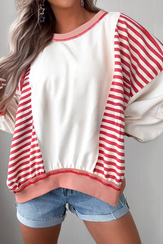White Stripe Colorblock Patchwork Contrast Stitching Oversize Sweatshirt