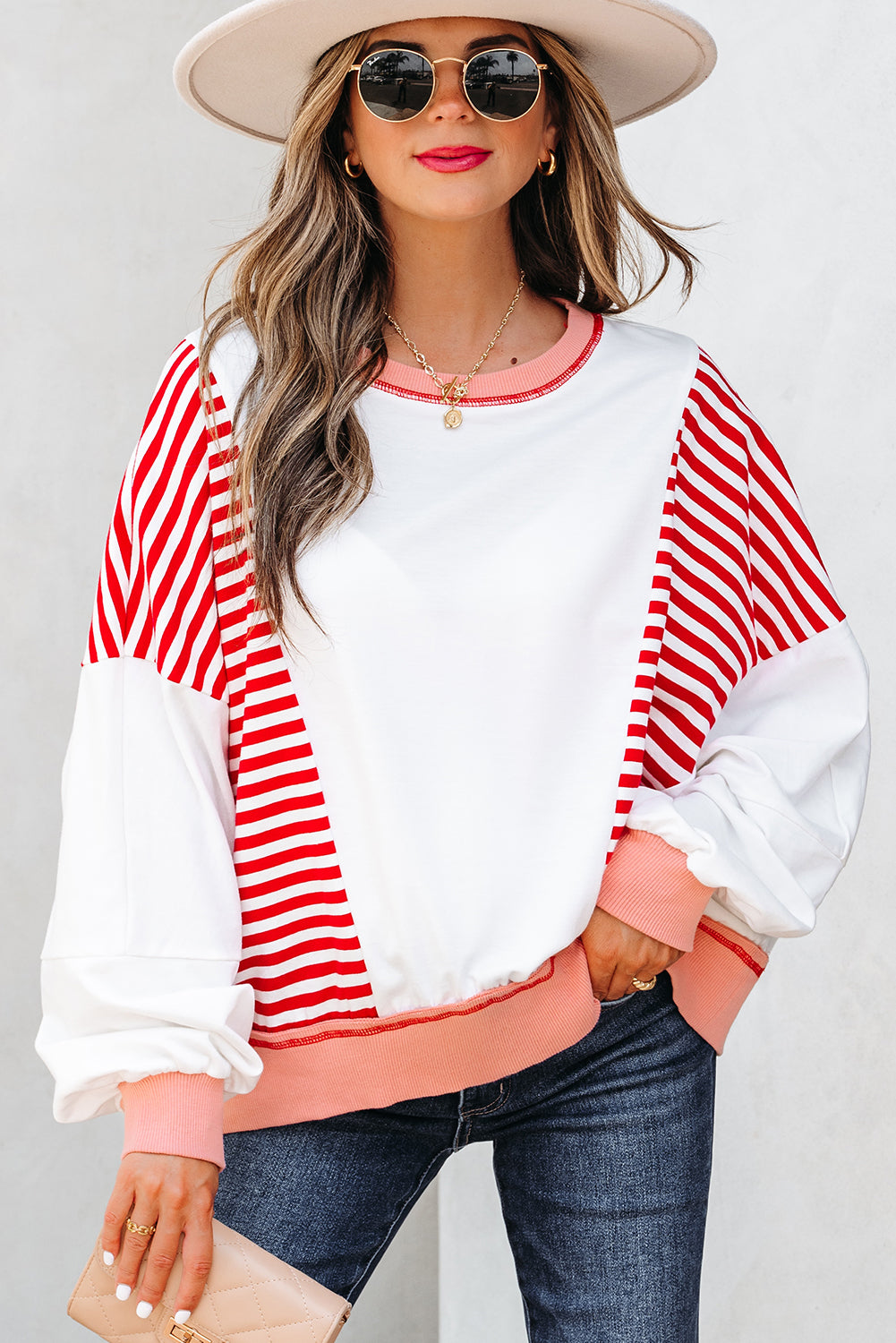 White Stripe Colorblock Patchwork Contrast Stitching Oversize Sweatshirt