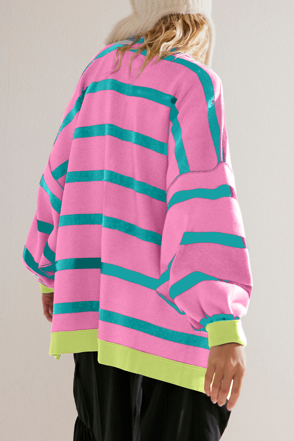 Pink Stripe Colorblock Drop Shoulder Buttoned Loose Cardigan