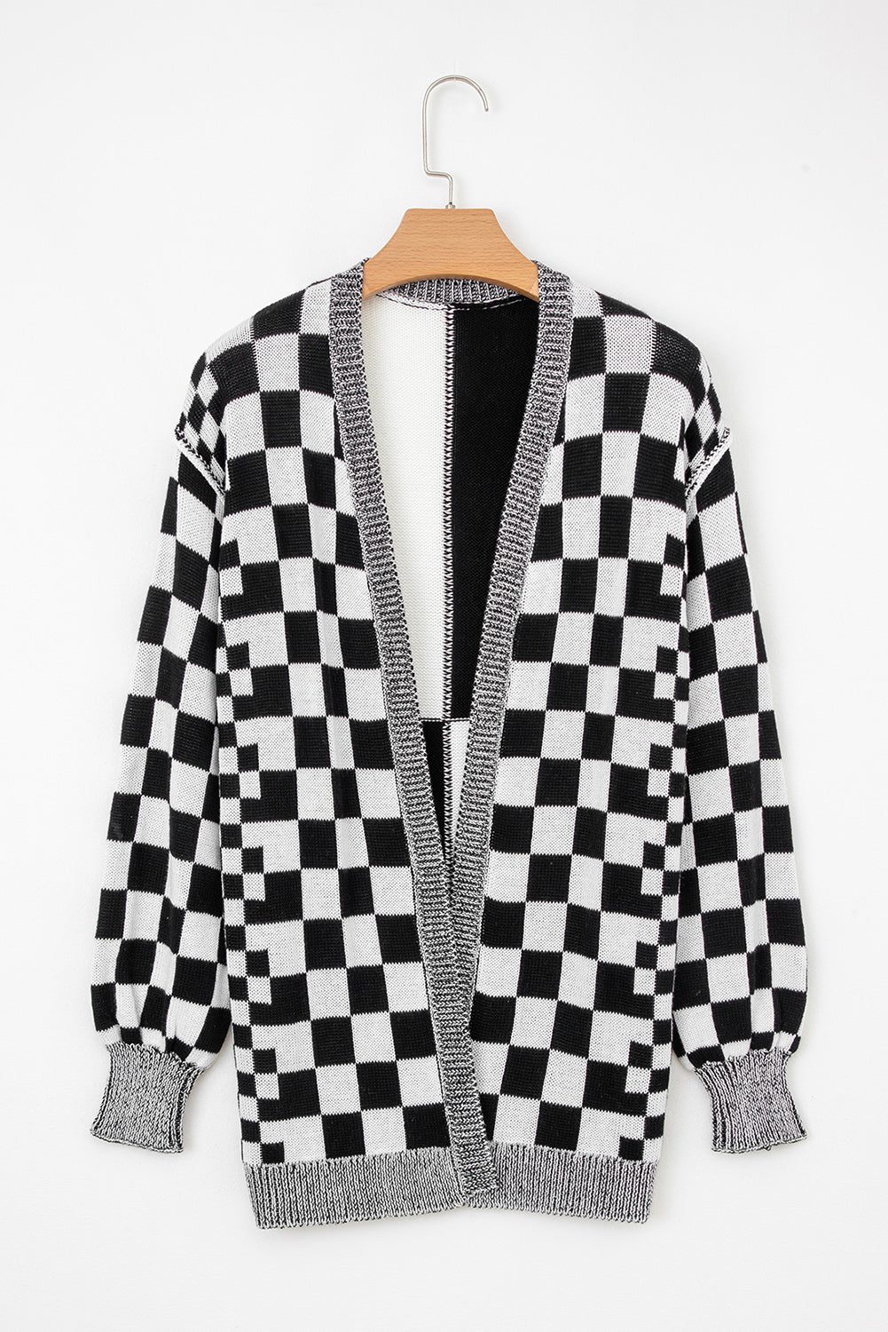 Brown Checkered Open Front Drop Shoulder Cardigan