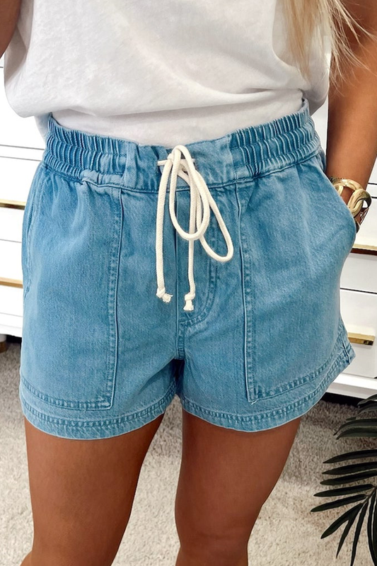 Beau Blue Drawstring Elastic Waist Denim Shorts